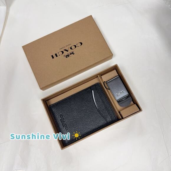 NEW COACH 75479 Black Calf Leather 3 In 1 Card Case Money Clip Gift Box - Picture 1 of 6
